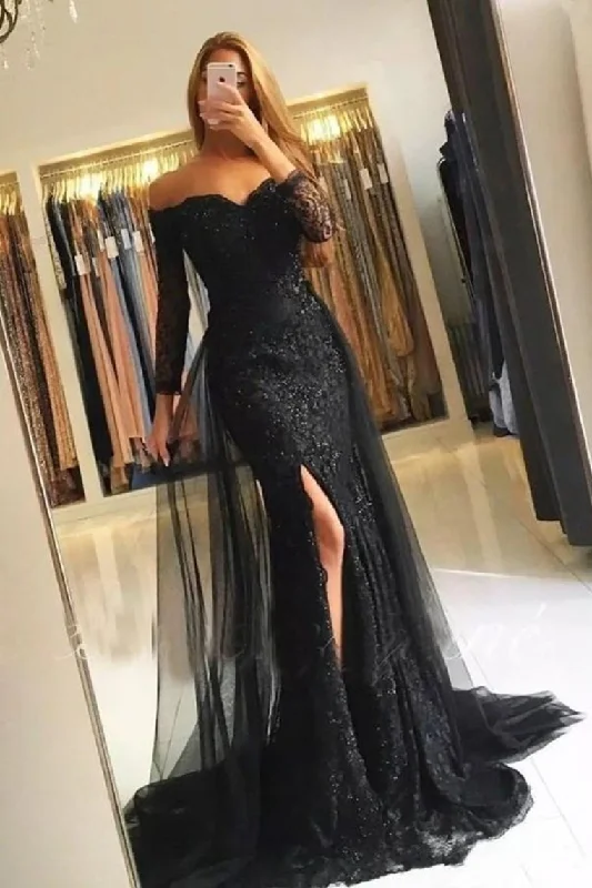 Trumpet/Mermaid Long Sleeves Off-The-Shoulder Sweep/Brush Train Tulle Lace Evening Dresses Tunics Print Colorful Trumpet/Mermaid Long Sleeves Off-The-Shoulder Sweep/Brush Train Tulle Lace Evening Dresses Tunics Print Colorful