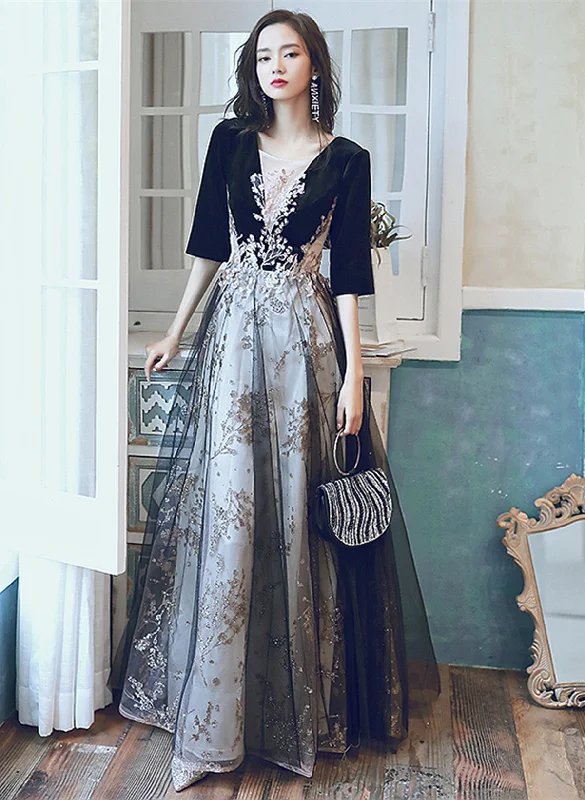 A-line Black Tulle and Velvet Long Party Dress, Black Prom Dress with Lace Applique Tunics Long Elegant A-line Black Tulle and Velvet Long Party Dress, Black Prom Dress with Lace Applique Tunics Long Elegant