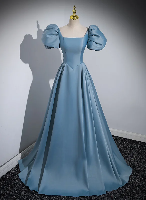 A-line Blue Satin Short Sleeves Long Party Dress, Blue Short Sleeves Prom Dress Glittery Long Formal A-line Blue Satin Short Sleeves Long Party Dress, Blue Short Sleeves Prom Dress Glittery Long Formal
