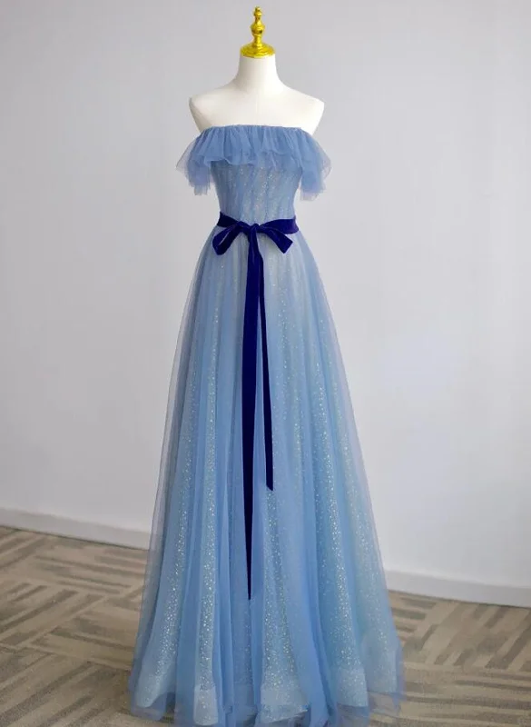 A-line Blue Tulle Scoop Long Formal Dress with Belt, Blue Long Evening Dress Prom Dress Chiffon Maxi Beach A-line Blue Tulle Scoop Long Formal Dress with Belt, Blue Long Evening Dress Prom Dress Chiffon Maxi Beach