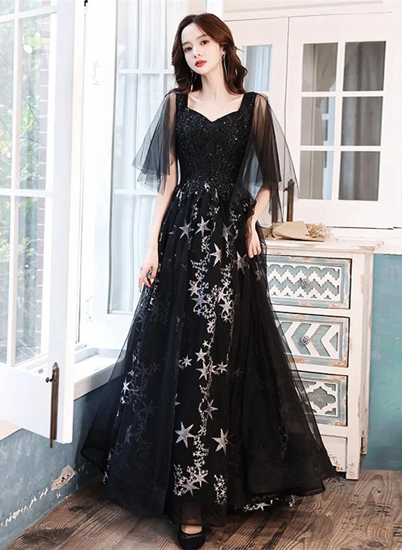 A-line Chic Black Tulle Beaded Long Evening Dress, Black Long Formal Dress Sequined Elegant Party A-line Chic Black Tulle Beaded Long Evening Dress, Black Long Formal Dress Sequined Elegant Party