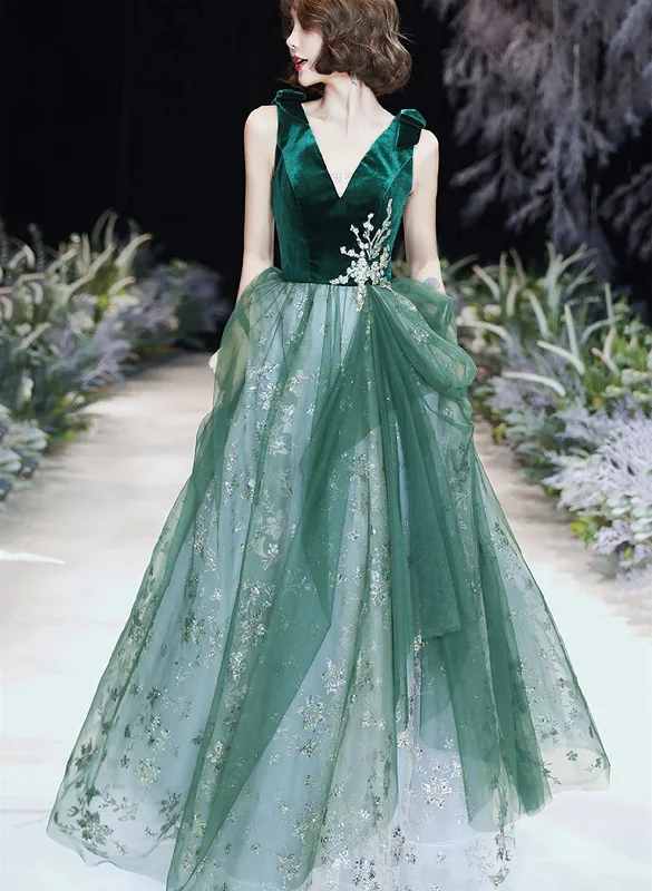 A-line Green Tulle and Velvet Long Formal Dress, Green Tulle Party Dress Prom Dress Tunics Sophisticated sleek A-line Green Tulle and Velvet Long Formal Dress, Green Tulle Party Dress Prom Dress Tunics Sophisticated sleek