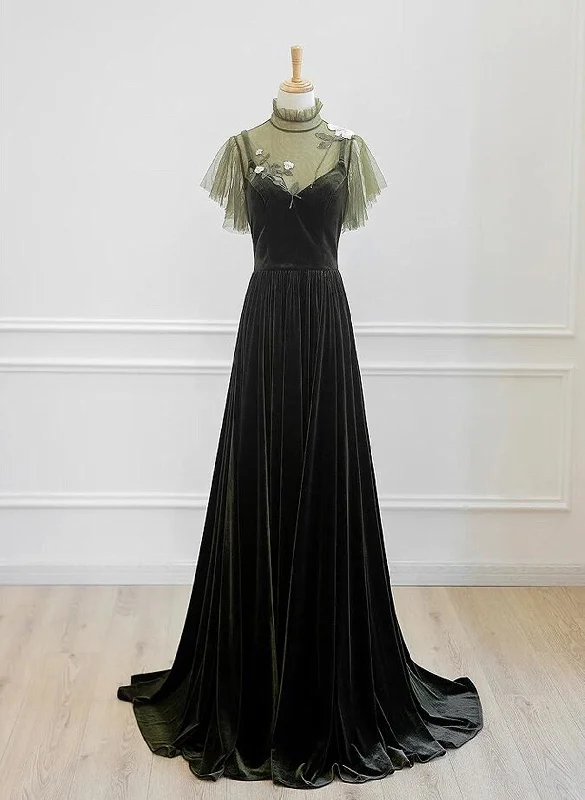 A-line Green Velvet High Neckline Long Party Dress, Green Velvet Prom Dress Boat Neckline Classic A-line Green Velvet High Neckline Long Party Dress, Green Velvet Prom Dress Boat Neckline Classic