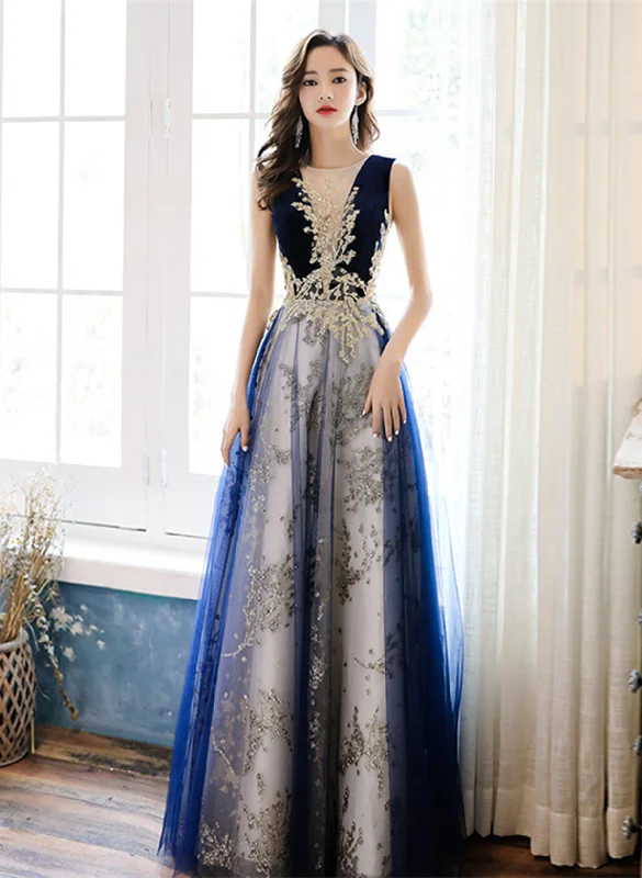 A-line Navy Blue Tulle with Lace Long Party Dress, Navy Blue Floor Length Prom Dress Pencil Length Work A-line Navy Blue Tulle with Lace Long Party Dress, Navy Blue Floor Length Prom Dress Pencil Length Work