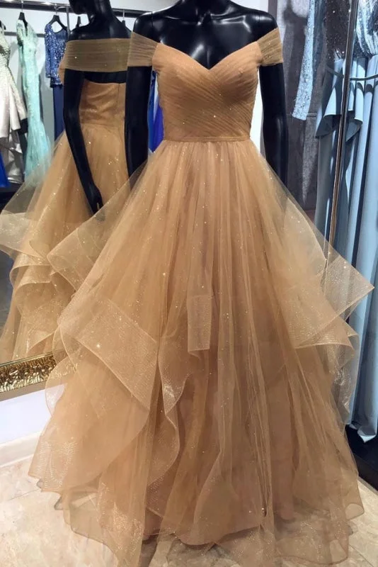 A Line Off the Shoulder Floor Length Prom Dress with Pleats Long Evening Dresses Boat Neckline Classic