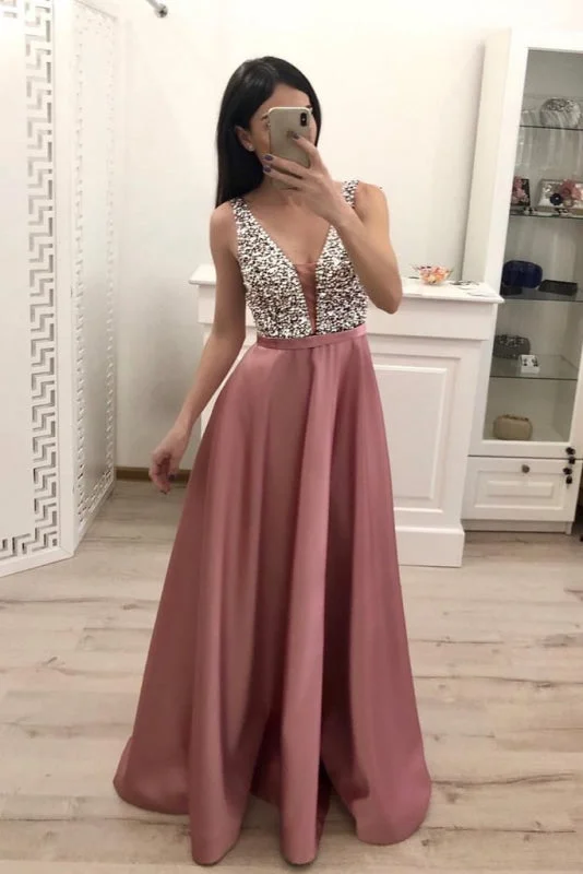 A Line Satin Prom Dress with Beading Sequins Sparkly V Neck Evening Dresses Tunics Running lightweight