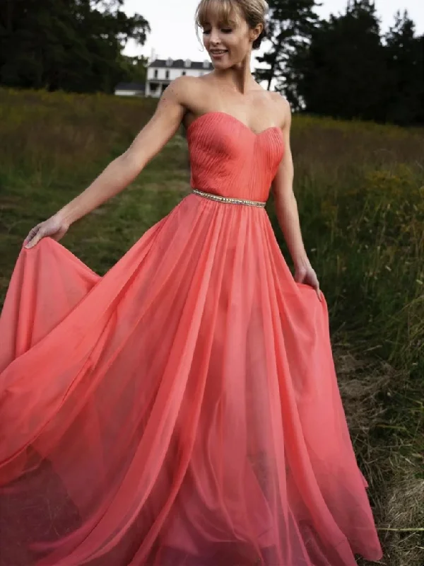 A Line Strapless Chiffon Coral Long Prom Dresses, Coral Long Chiffon Formal Evening Dresses Tunics Satin smooth