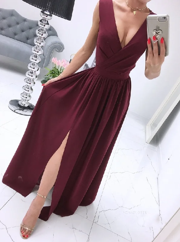 A-line V-neck Chiffon Burgundy Long Prom Dress, Evening Dress With Split OP880 A-Line Day Work A-line V-neck Chiffon Burgundy Long Prom Dress, Evening Dress With Split OP880 A-Line Day Work