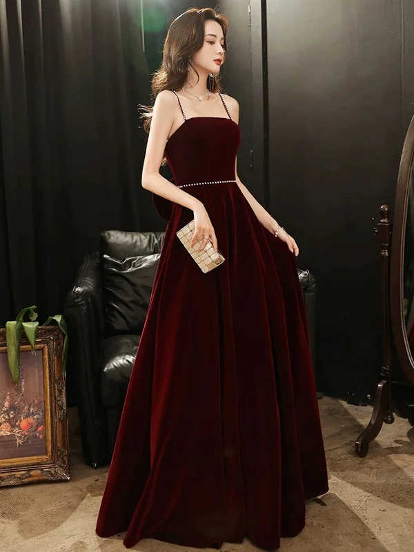 A-line Wine Red Velvet Straps Long Party Dress, Wine Red Velvet Prom Dress Tunics Yoga stretchy A-line Wine Red Velvet Straps Long Party Dress, Wine Red Velvet Prom Dress Tunics Yoga stretchy