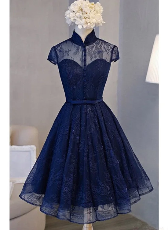 Adorable Navy Blue High Neckline Party Dress , Wedding Party Dresses Boat Neckline Classic