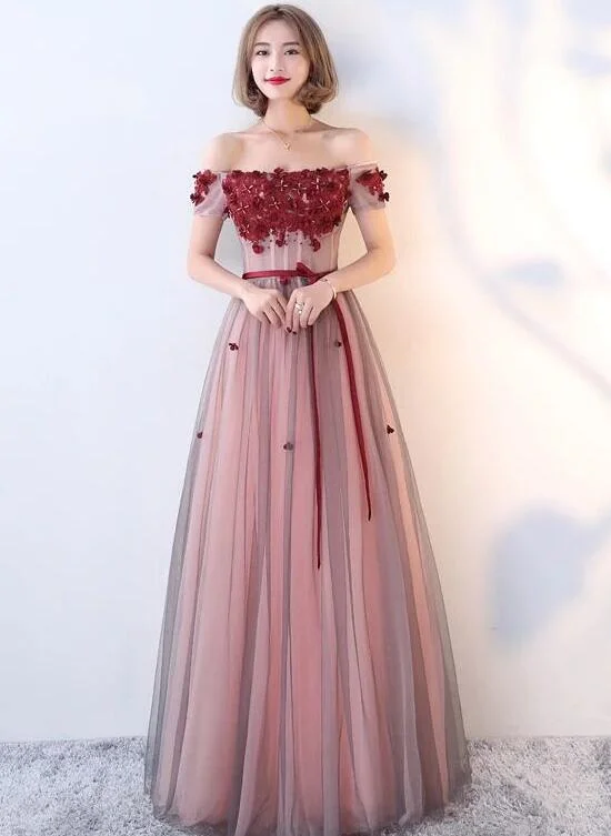 Beautiful Red Off Shoulder Tulle with Applique Long Party Dress, Senior Prom Gown Halter Neckline Beach