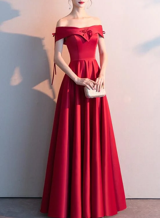 Beautiful Red Satin Long Party Dress , Red Formal Gown Boatneck Modish Everyday