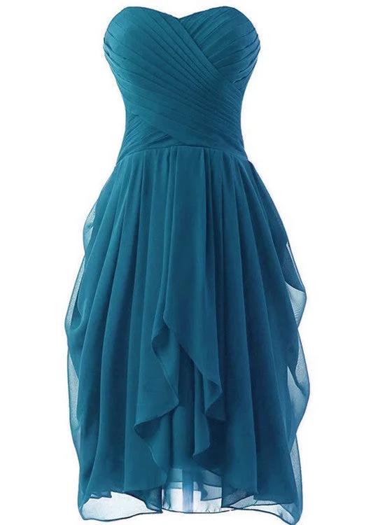 Beautiful Teal Color Short Bridesmaid Dress, Chiffon Sweetheart Short Party Dress High-Low Hemline Casual