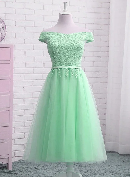 Beautiful Tulle Tea Length Bridesmaid Dress, Charming Party Dress Turtleneck Warm Winter