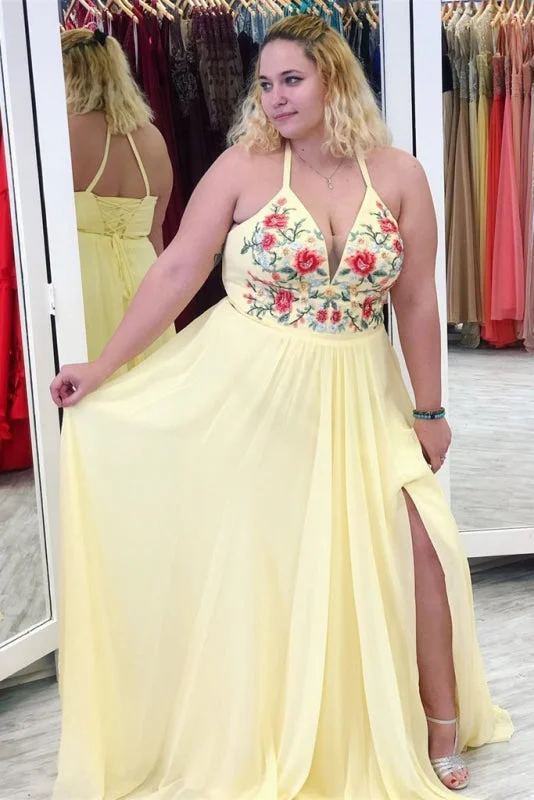 Best Latest Latest Yellow Halter Appliques Plus Size Prom with Slit A Line V Neck Sleeveless Party Dress Tunics Fall fleece