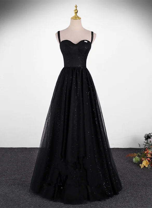 Black A-line Tulle Straps Floor Length Party Dress, Black Tulle Prom Dress Tunics Stylish modern Black A-line Tulle Straps Floor Length Party Dress, Black Tulle Prom Dress Tunics Stylish modern