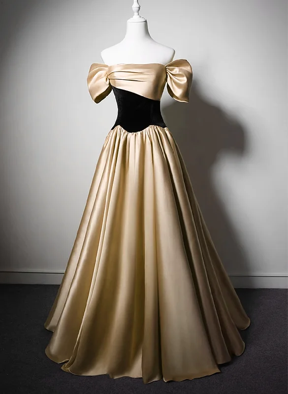 Black and Champagne Satin Long Party Dress, Off Shoulder Satin Prom Dress Tunics Essential wardrobe Black and Champagne Satin Long Party Dress, Off Shoulder Satin Prom Dress Tunics Essential wardrobe