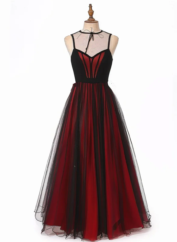 Black and Red V-neckline Tulle Long Party Dress, Black and Red Formal Dress Tunics Winter warm Black and Red V-neckline Tulle Long Party Dress, Black and Red Formal Dress Tunics Winter warm