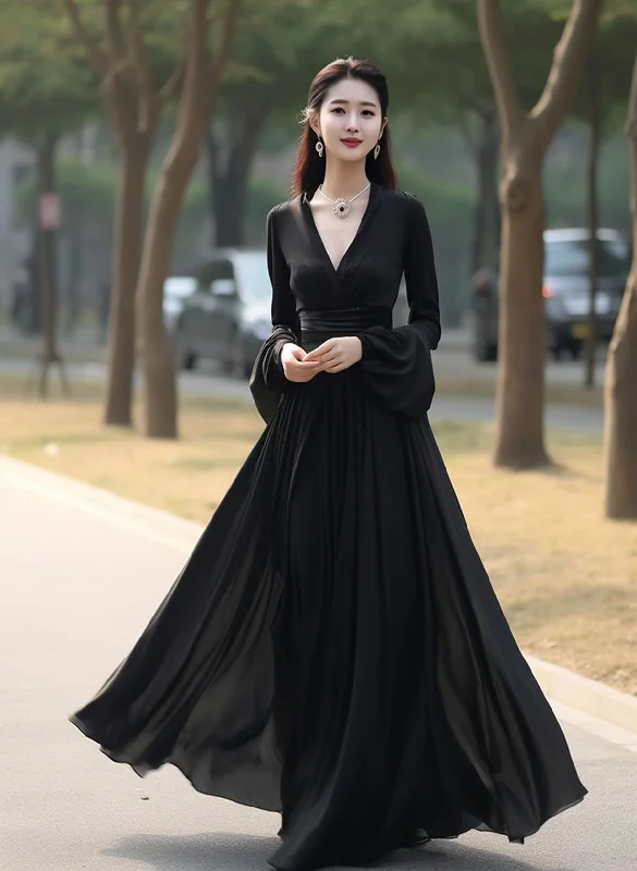 Black Chiffon Long Sleeves V-neckline Party Dress, Black Formal Dress Evening Dress Tunics Summer linen Black Chiffon Long Sleeves V-neckline Party Dress, Black Formal Dress Evening Dress Tunics Summer linen