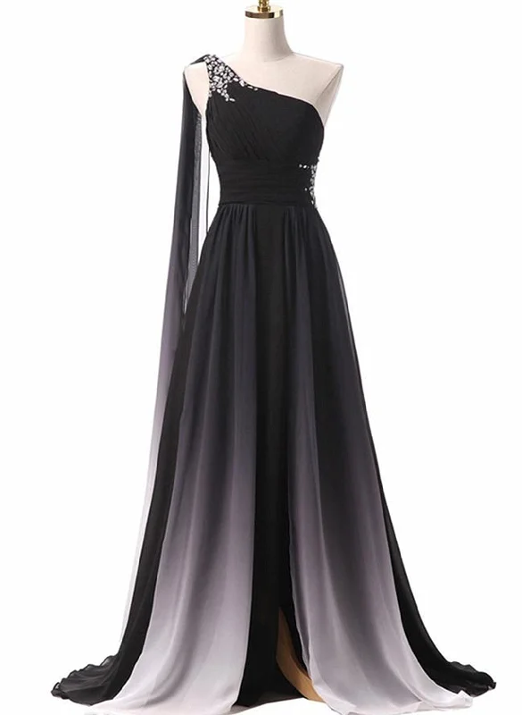 Black Chiffon One Shoulder Long Prom Dress, Formal Fancy Evening Party Dress Boatneck Modish Everyday Black Chiffon One Shoulder Long Prom Dress, Formal Fancy Evening Party Dress Boatneck Modish Everyday