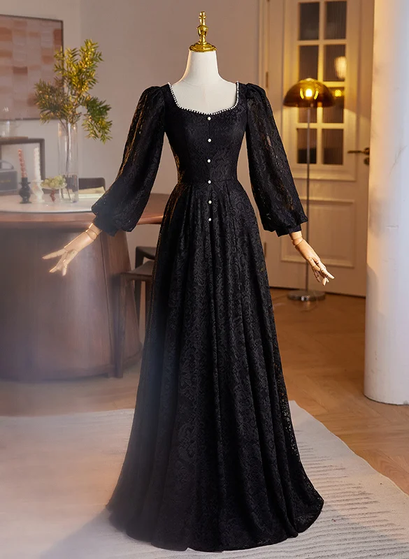 Black Long Sleeves Lace A-line Party Dress, Black Lace Wedding Party Dress Cowl Neckline Elegant Black Long Sleeves Lace A-line Party Dress, Black Lace Wedding Party Dress Cowl Neckline Elegant