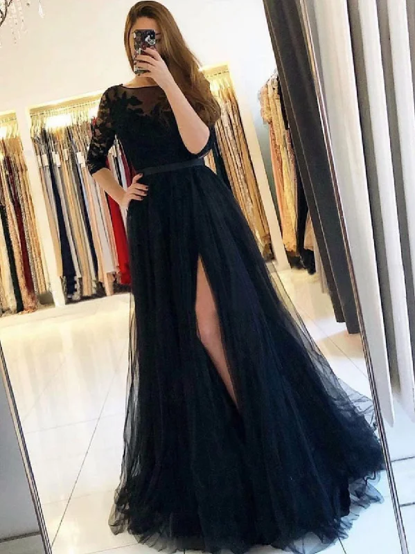 Black round neck tulle lace long prom dress, black evening dress Tunics Sophisticated sleek