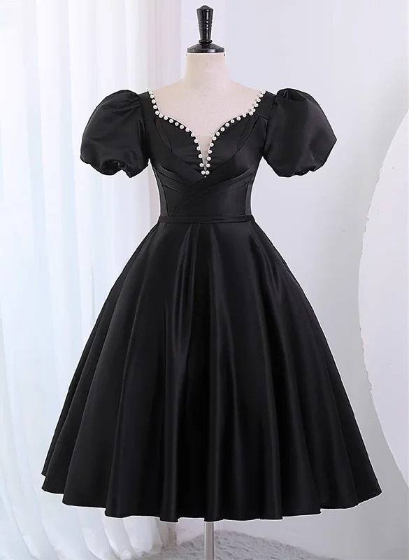 Black Satin Short Sleeves Prom Dress Party Dress, Black Homecoming Dress Tunics Travel practical Black Satin Short Sleeves Prom Dress Party Dress, Black Homecoming Dress Tunics Travel practical
