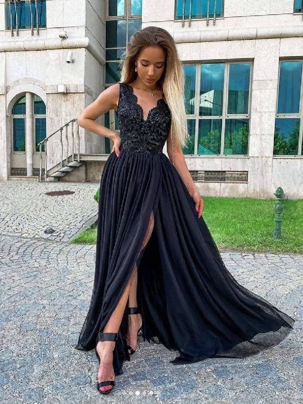 Black v neck chiffon  lace long prom dress, black evening dress Tunics Stylish modern