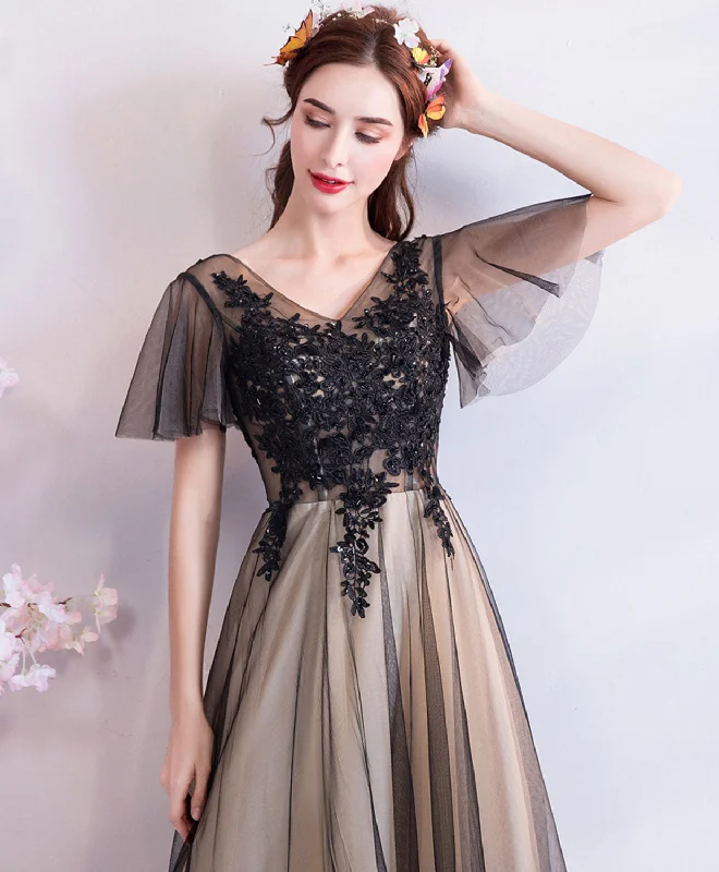 Black V Neck Lace Tulle Long Prom Dress, Black Evening Dress Off-the-shoulder Chic Trendy