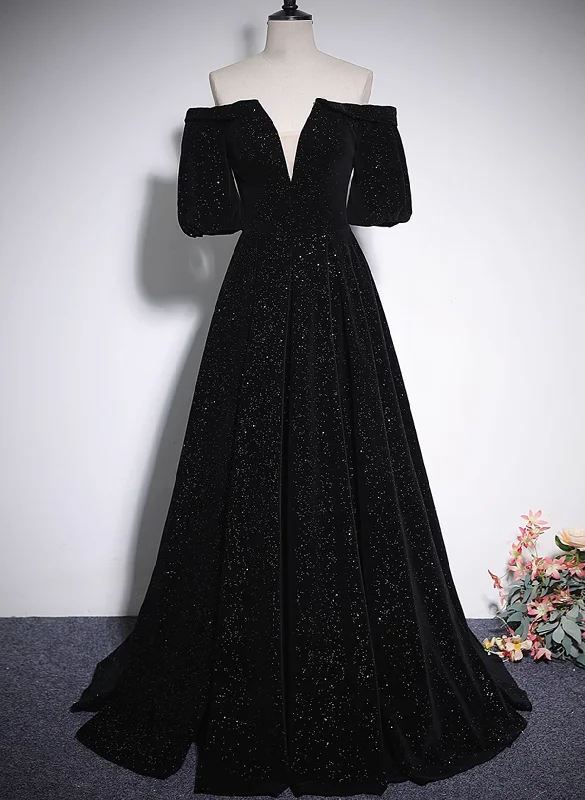 Black V-neckline Velvet Off Shoulder Party Dress, A-line Black Prom Dress Evening Dress Tunics Fleece cozy Black V-neckline Velvet Off Shoulder Party Dress, A-line Black Prom Dress Evening Dress Tunics Fleece cozy