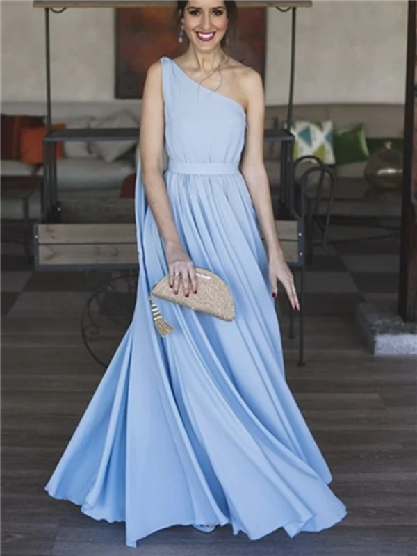 Blue One Shoulder Prom Chiffon Long Prom Dresses, Blue One Shoulder Prom Chiffon Long  Formal Evening Dresses Crew Neckline Sporty