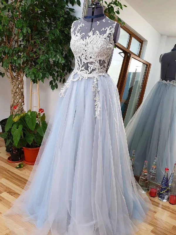 Blue round neck tulle lace long prom dress, blue tulle lace evening dress Tunics Vintage classic