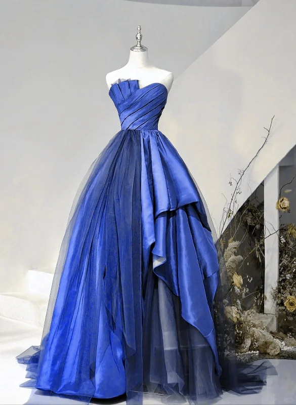 Blue Satin and Tulle Long Party Dress Prom Dress, Blue Evening Dress Tunics Spring floral Blue Satin and Tulle Long Party Dress Prom Dress, Blue Evening Dress Tunics Spring floral