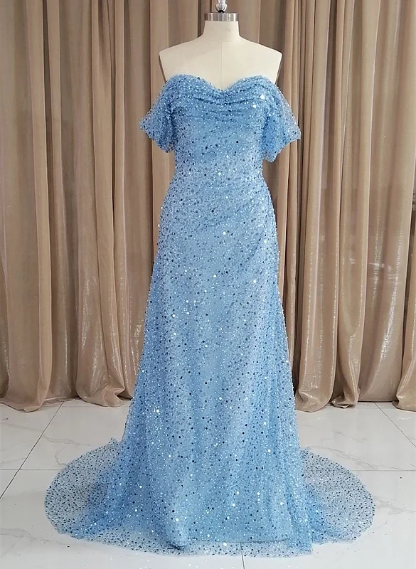 Blue Sequins Off Shoulder Sweep Train Party Dress, Blue Sweetheart Long Formal Dress Tunics Vintage classic Blue Sequins Off Shoulder Sweep Train Party Dress, Blue Sweetheart Long Formal Dress Tunics Vintage classic