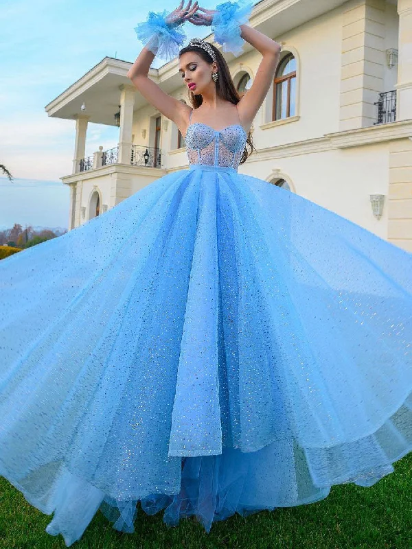 Blue sweetheart neck tulle sequin long prom dress, blue evening dress Tunics Bridal satin