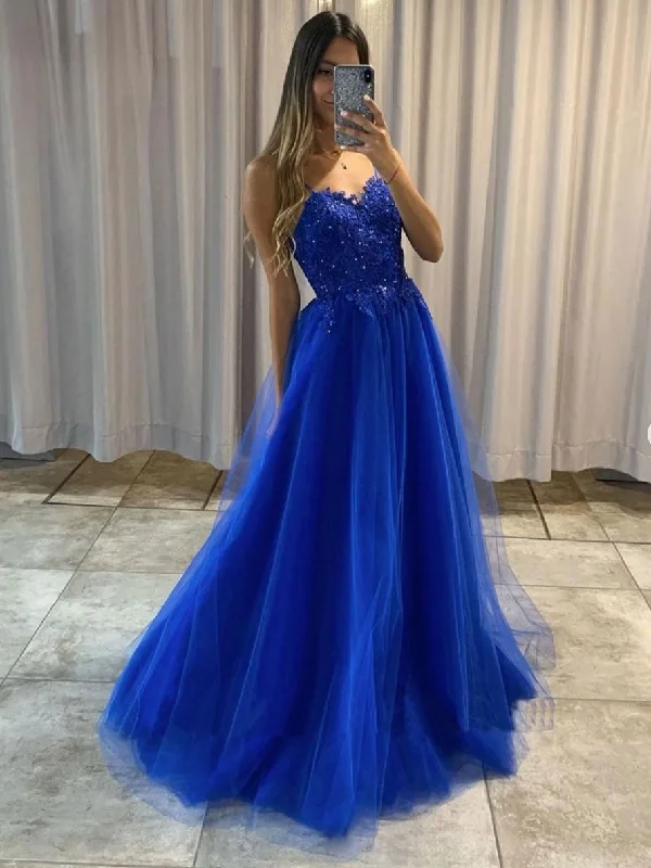 Blue tulle lace long prom dress, blue tulle lace evening dress Off-the-shoulder Chic Trendy