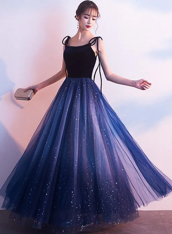 Blue Tulle with Velvet Straps Long Party Dress, Gorgeous Formal Gown Tunics Cozy comfortable