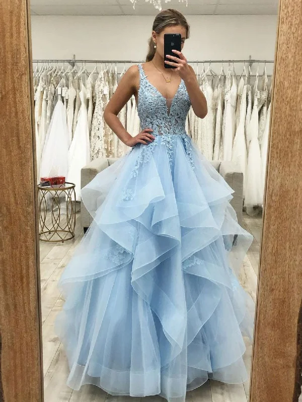 Blue v neck tulle lace long prom dress, blue evening dress Tunics Fashionable trendy