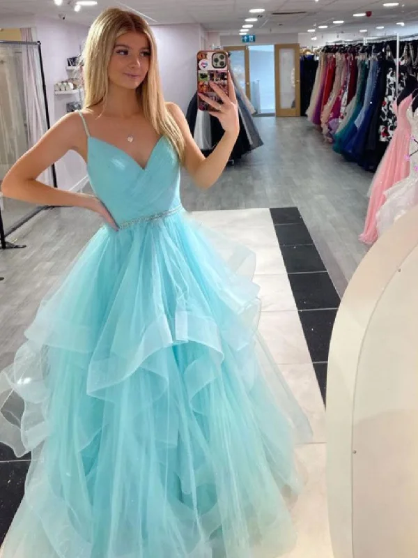 Blue v neck tulle long prom dress, tulle long evening dress Tunics Fleece cozy