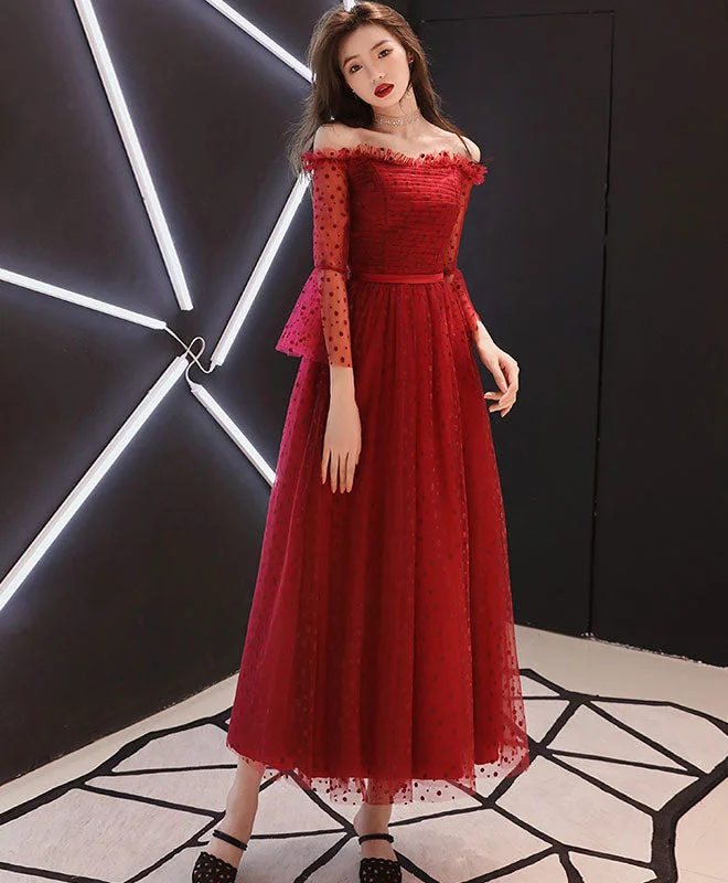 Burgundy Tulle Lace Tea Length Prom Dress, Burgundy Evening Dress Tunics Sophisticated sleek