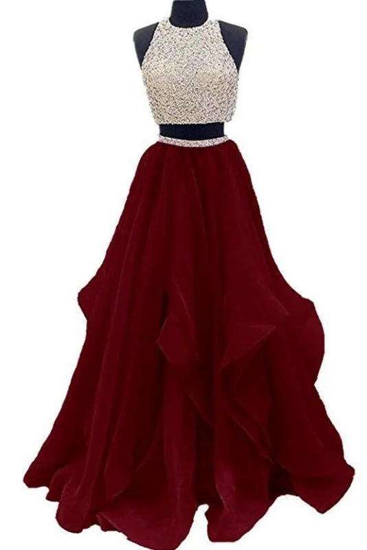 Burgundy Two Piece Floor Length Prom Beaded Open Back Sequin Party Dress Boatneck Modish Everyday