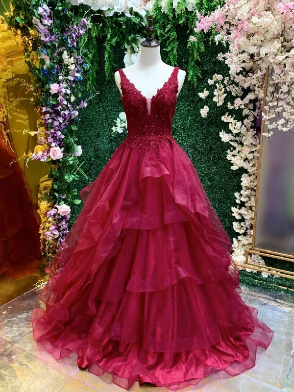 Burgundy v neck tulle lace long prom dress, burgundy evening dress sweetheart Neckline Romantic