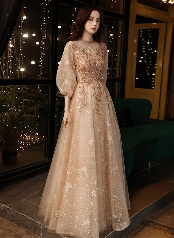 Champagne A-line High Neckline Long Party Dress, Champagne Tulle Long Prom Dress Tunics Stylish modern Champagne A-line High Neckline Long Party Dress, Champagne Tulle Long Prom Dress Tunics Stylish modern