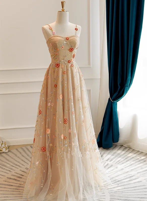 Champagne Floral Tulle Straps Sweetheart Wedding Party Dress, A-line Tulle Long Prom Dress Tunics Solid Classic Champagne Floral Tulle Straps Sweetheart Wedding Party Dress, A-line Tulle Long Prom Dress Tunics Solid Classic