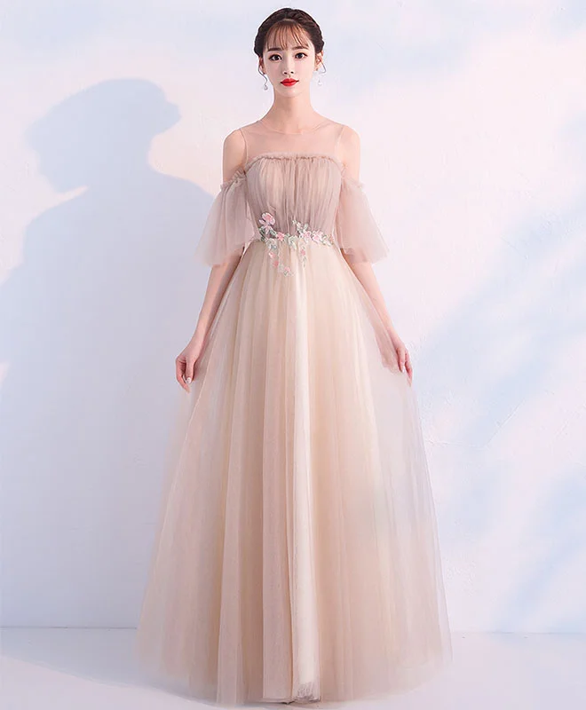 Champagne Round Neck Tulle Long Prom Dress, Champagne Tulle Evening Dress Tunics Silk luxurious