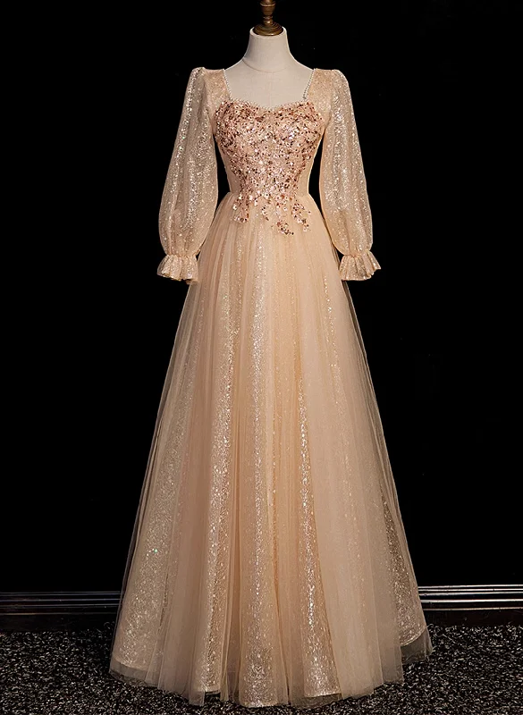 Champagne Short Sleeves Beaded Long Party Dress, A-line Tulle Prom Dress Tunics Evening elegant Champagne Short Sleeves Beaded Long Party Dress, A-line Tulle Prom Dress Tunics Evening elegant