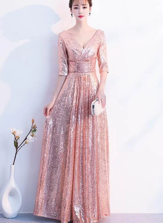 Charming 1/2 Sleeves Sequins Long Bridesmaid Dress, Party Dress Sequined Elegant Party