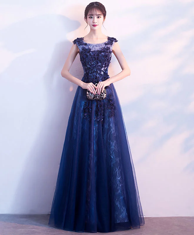 Dark Blue Lace Long Prom Dress, Lace Evening Dress Tunics Summer linen