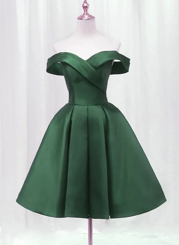 Dark Green Satin Off Shoulder Knee Length Party Dress, Green Homecoming Dress Prom Dress Tunics stripes playful Dark Green Satin Off Shoulder Knee Length Party Dress, Green Homecoming Dress Prom Dress Tunics stripes playful