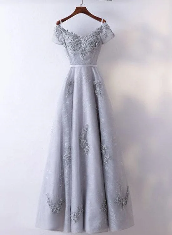 Elegant Lace Off the shoulder Tulle Sliver-Grey Party Dress, Long Formal Gown Tunics Canvas sturdy